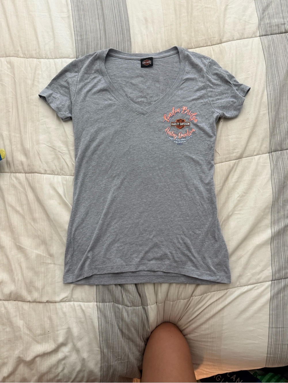 Harley-Davidson Gray V-Neck Tee with Orange and Black Logo
